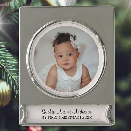 Adorno Con Rótulo Plateado Mi Primer Navidad Foto Personalizada Nombre Rosa L