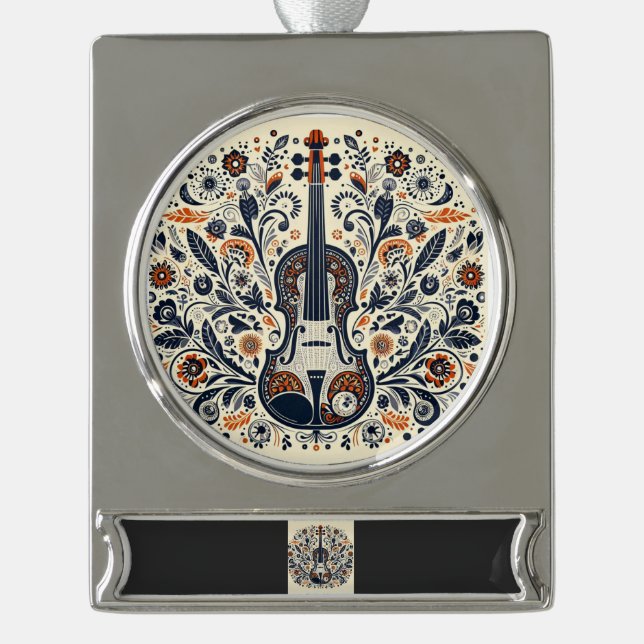 Adorno Con Rótulo Plateado  National Violin Day Melody Sticker with Folk Art  (Anverso)