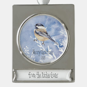 Adorno Con Rótulo Plateado Navidad Chickadee Bird Winter Personalizado con fe