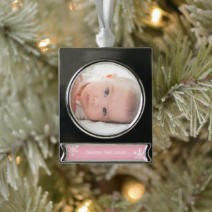 Adorno Con Rótulo Plateado Navidad con foto de bebé rosa