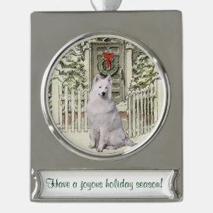 Adorno Con Rótulo Plateado Navidad personalizado samoyedo