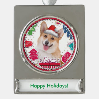 Adorno Con Rótulo Plateado Navidad sonriente rojo y Corgi blanco