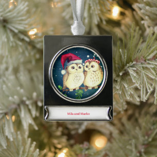 Adorno Con Rótulo Plateado Navidades búhos enamorados