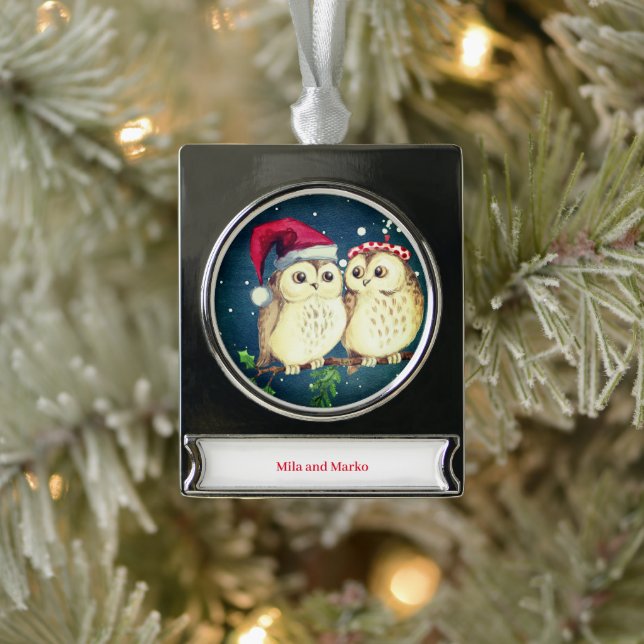 Adorno Con Rótulo Plateado Navidades búhos enamorados (Árbol)