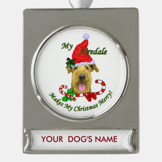 Adorno Con Rótulo Plateado Navidades de Airedale Terrier personalizadas