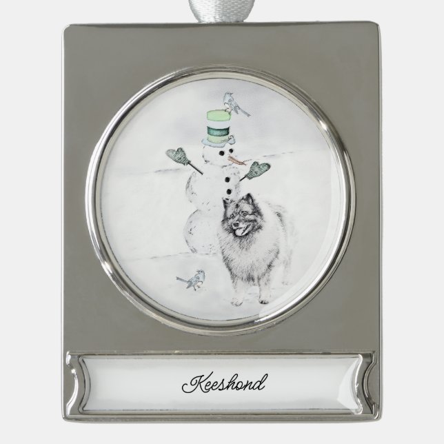 Adorno Con Rótulo Plateado Navidades de Keeshond Snowman pinta arte de perro (Anverso)