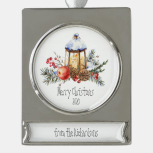 Adorno Con Rótulo Plateado Navidades Lantern Holly Pine Apple Personalizado c