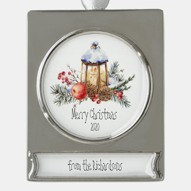 Adorno Con Rótulo Plateado Navidades Lantern Holly Pine Apple Personalizado c (Anverso)