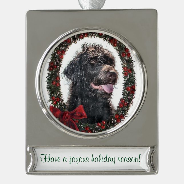 Adorno Con Rótulo Plateado Navidades personalizados de Labradoodle (Anverso)