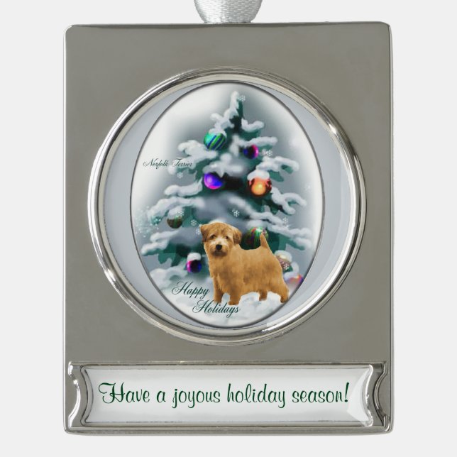 Adorno Con Rótulo Plateado Navidades personalizados de Norfolk Terrier (Anverso)
