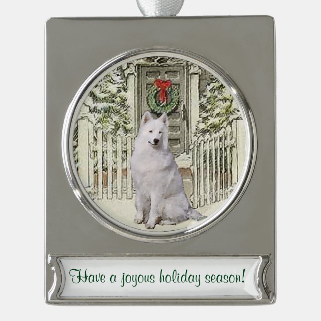 Adorno Con Rótulo Plateado Navidades personalizados de Samoyed (Anverso)