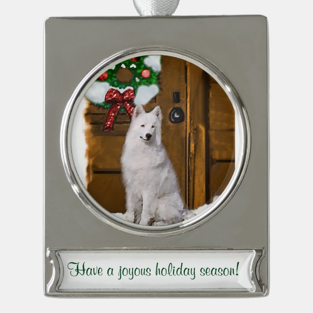 Adorno Con Rótulo Plateado Navidades personalizados de Samoyed (Anverso)
