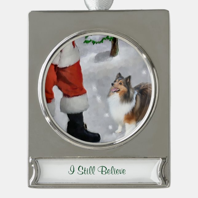 Adorno Con Rótulo Plateado Navidades personalizados de Shetland Sheepdog (Anverso)