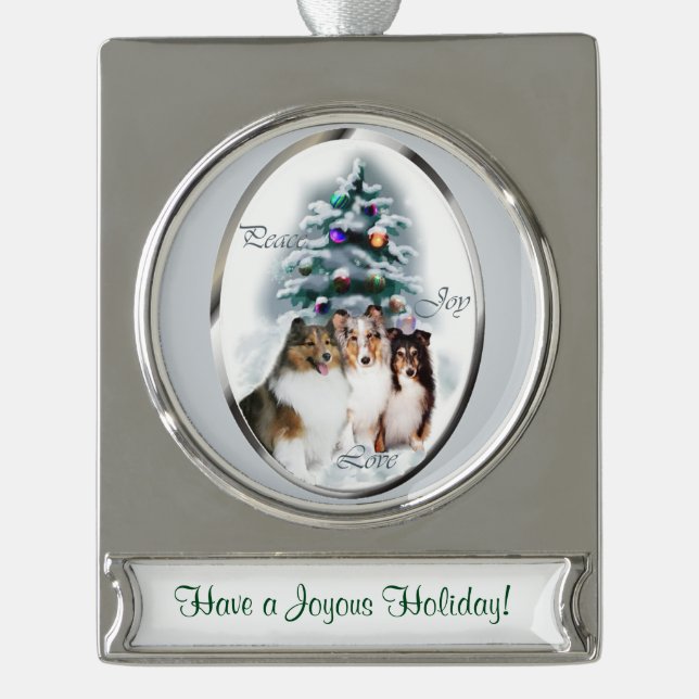 Adorno Con Rótulo Plateado Navidades personalizados de Shetland Sheepdog (Anverso)