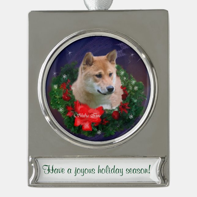 Adorno Con Rótulo Plateado Navidades personalizados de Shiba Inu (Anverso)