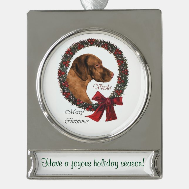Adorno Con Rótulo Plateado Navidades personalizados de Vizsla (Anverso)