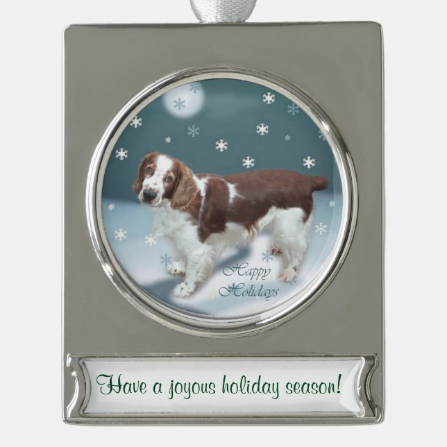 Adorno Con Rótulo Plateado Navidades personalizados de Welsh Springer Spaniel (Anverso)