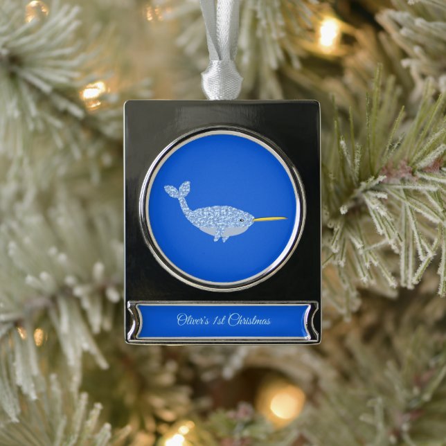 Adorno Con Rótulo Plateado Niño Azul lindo Narwhal Primer Personalizado de Na (Árbol)