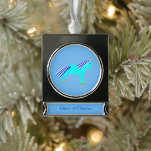 Adorno Con Rótulo Plateado Niño azul lindo Personalizado unicornio primera Na