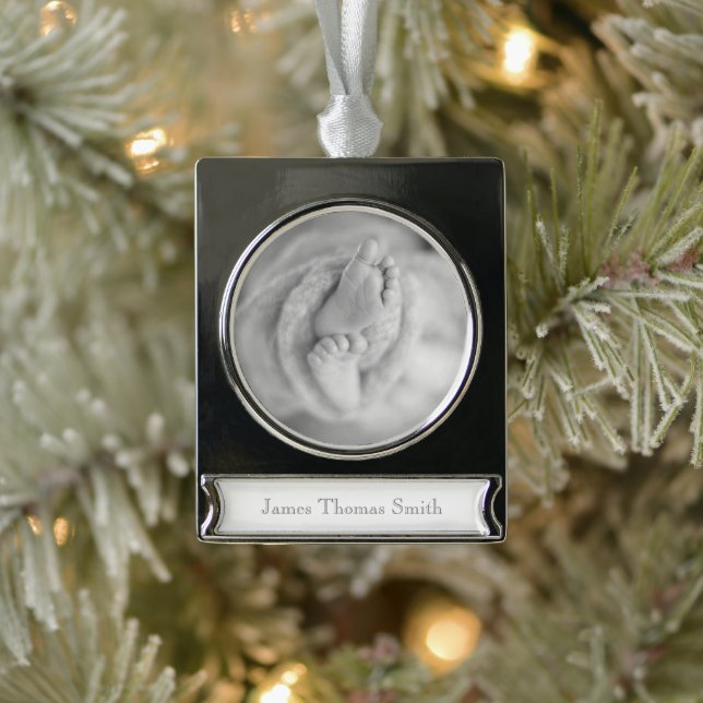 Adorno Con Rótulo Plateado NOMBRE DEL recién nacido FOTO Blanco Negro Támesis (Árbol)