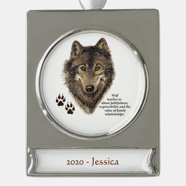 Adorno Con Rótulo Plateado Nombre personalizado Wolf Totem Animal Spirit Guid (Anverso)