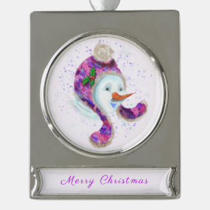 Adorno Con Rótulo Plateado Ornamento De Navidad Snowman En Gorra Rosa Morado