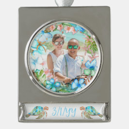 Adorno Con Rótulo Plateado Ornamento navideño de Boda tropical conmemorativo