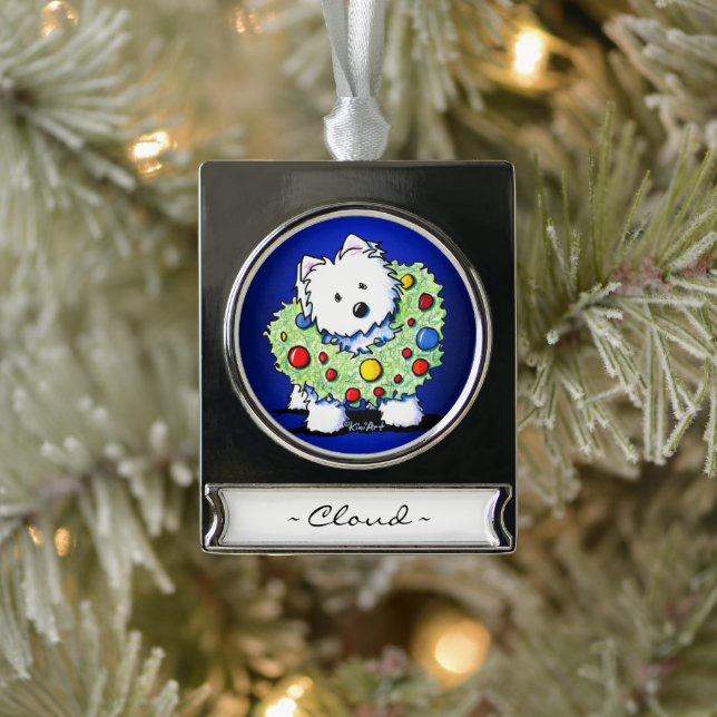 Adorno Con Rótulo Plateado Ornamento personalizado de KiniArt Wreath Westie (Árbol)