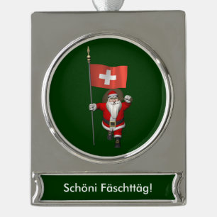 Adorno Con Rótulo Plateado Papá Noel con insignia de Suiza