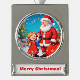 Adorno Con Rótulo Plateado Papá Noel y niña con una bolsa de regalos