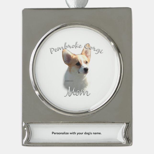 Adorno Con Rótulo Plateado Pembroke Welsh Corgi Mom 2 (Anverso)