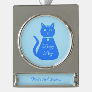 Adorno Con Rótulo Plateado Personalizado de gato niño pequeño azul  de bebé p