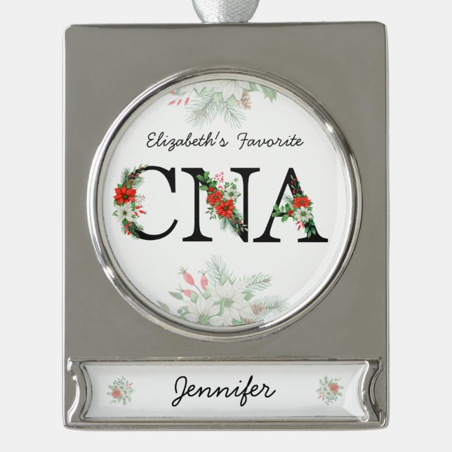 Adorno Con Rótulo Plateado Personalized Favorite CNA Red Floral Christmas (Anverso)