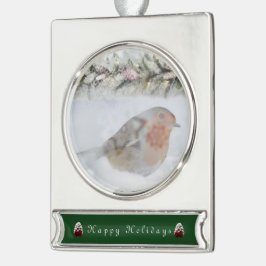 Adorno Con Rótulo Plateado Petirrojo Pájaro de Navidad de Invierno Nevado
