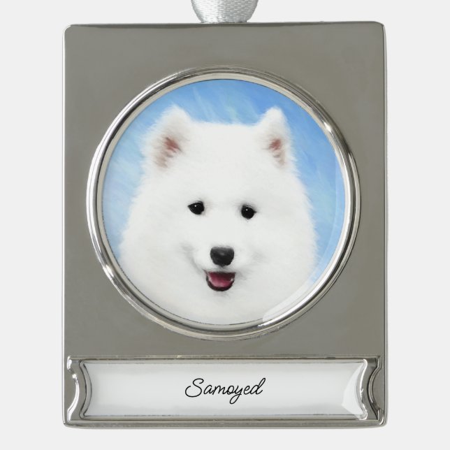 Adorno Con Rótulo Plateado Pintado de pimienta samoyed - Perro original lindo (Anverso)