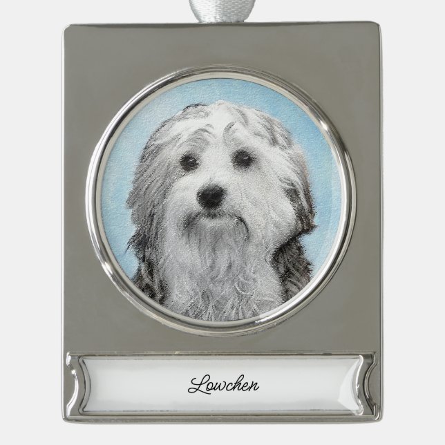 Adorno Con Rótulo Plateado Pintura de Lowchen - Cute original Perro Art Silve (Anverso)