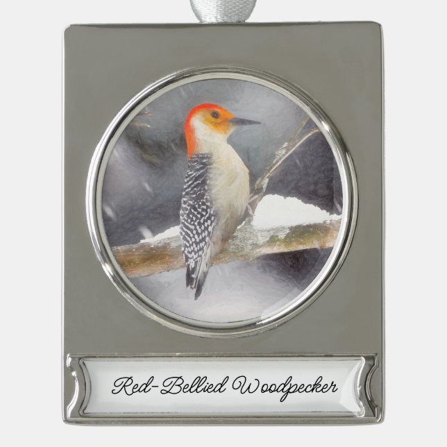 Adorno Con Rótulo Plateado Pintura de pájaro de madera roja (Anverso)