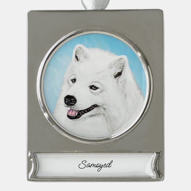 Adorno Con Rótulo Plateado Pintura Samoyed - Cute original Perro Art Silver P (Anverso)