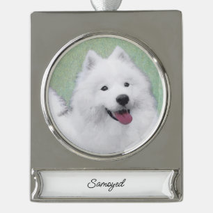 Adorno Con Rótulo Plateado Pintura Samoyed - Cute original Perro Art Silver P
