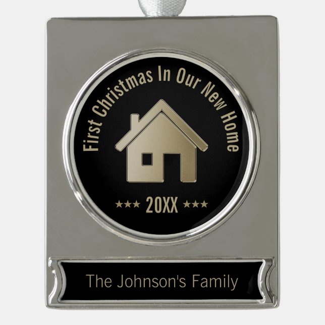 Adorno Con Rótulo Plateado Primer navidad en nuestro nuevo hogar 20XX el | (Anverso)