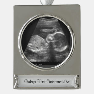 Adorno Con Rótulo Plateado Primer ornamento del Sonogram del navidad del beb