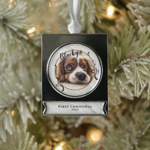 Adorno Con Rótulo Plateado Primera Navidad de Cachorros Foto Nombre Perro Fol