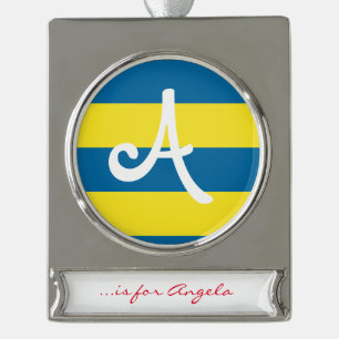 Adorno Con Rótulo Plateado Rayas   Azul y Amarillo   PERSONALIZABLE