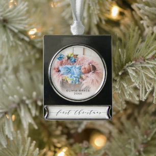 Adorno Con Rótulo Plateado Recuerdo de la primera Navidad del bebé