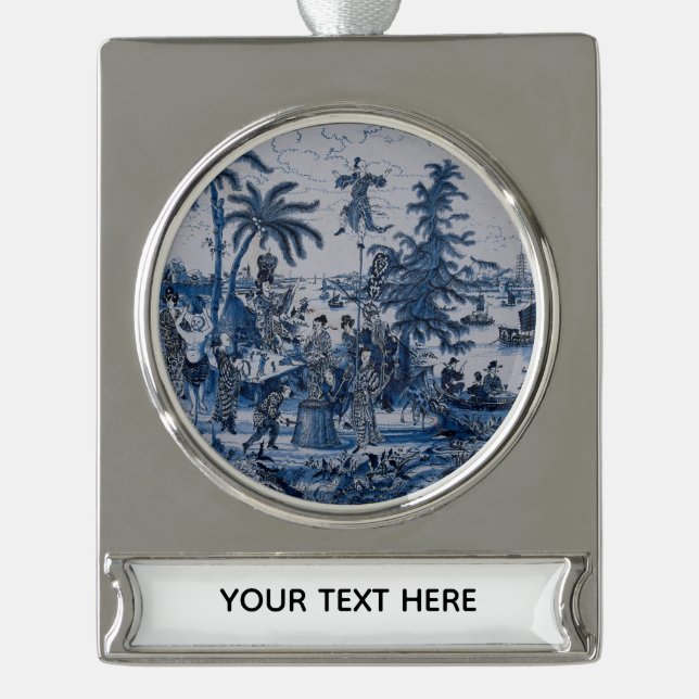 Adorno Con Rótulo Plateado Repro Chinoiserie Delft Blue and White Tile (Anverso)