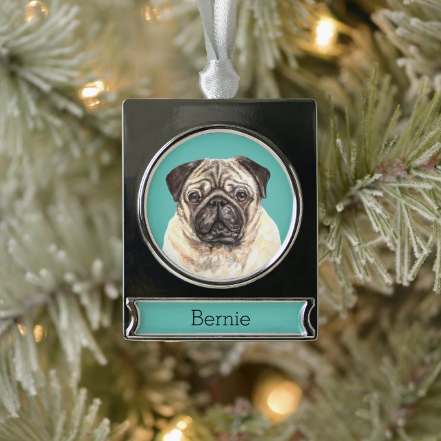 Adorno Con Rótulo Plateado Retrato de perro de pug personalizado (Árbol)