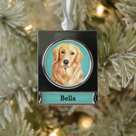 Adorno Con Rótulo Plateado Retrato de perro Golden Retriever Personalizado
