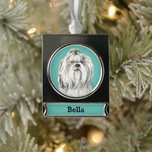 Adorno Con Rótulo Plateado Retrato personalizado de perro Lhasa Apso