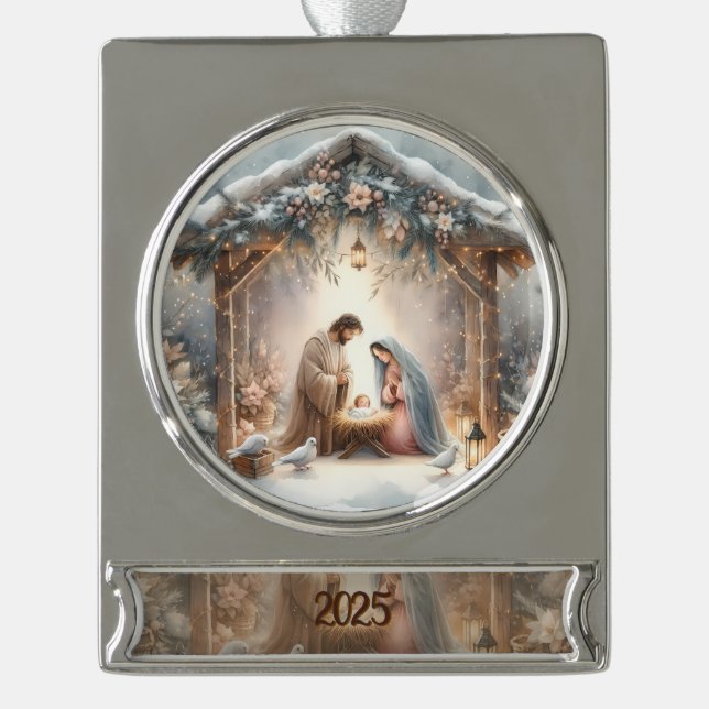 Adorno Con Rótulo Plateado Rustic Nativity Scene with Winter Florals Card (Anverso)