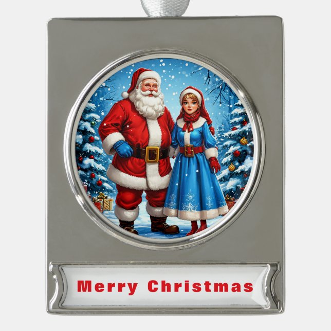 Adorno Con Rótulo Plateado Santa Claus y Snow Maiden (Anverso)